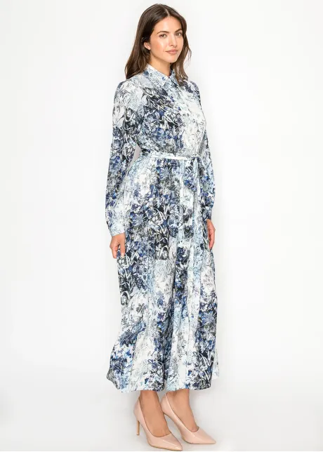 Navy & Ivory Floral Belted Shirt Dress