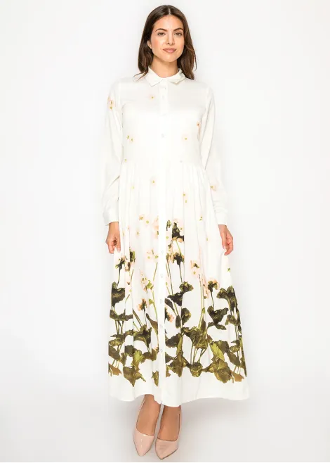 White Floral Dress with Garden Border Print