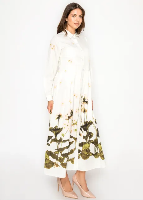 White Floral Dress with Garden Border Print