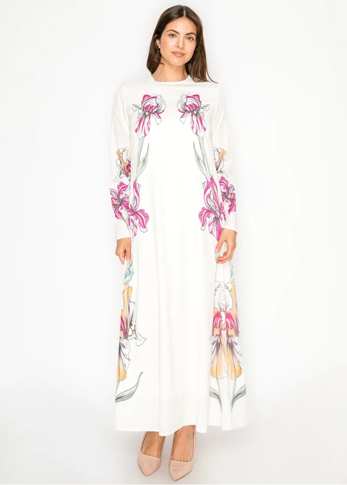 White Floral Maxi Dress, Placed Iris Print