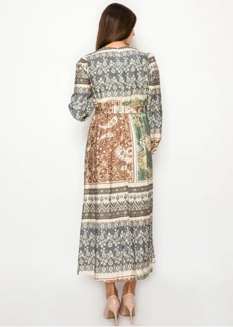 Patchwork Tie Waist Long Sleeve Dress