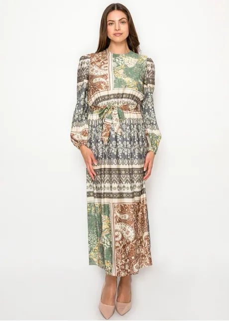 Patchwork Tie Waist Long Sleeve Dress
