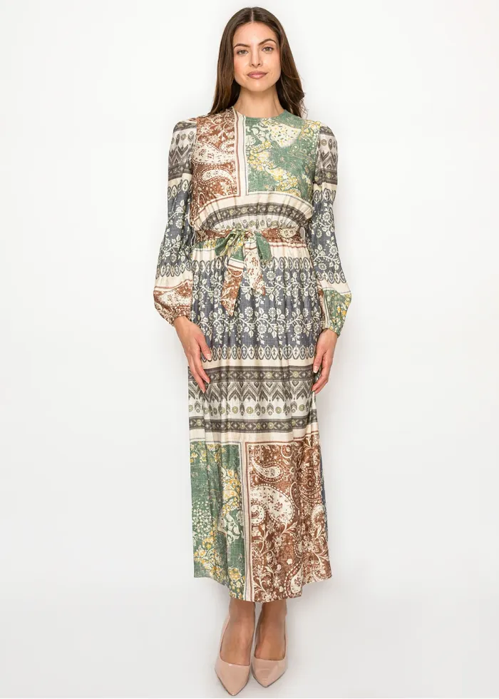 Patchwork Tie Waist Long Sleeve Dress
