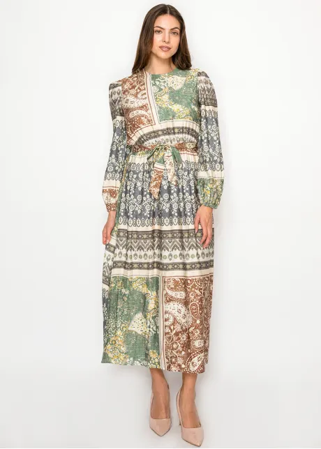 Patchwork Tie Waist Long Sleeve Dress