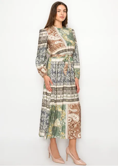 Patchwork Tie Waist Long Sleeve Dress