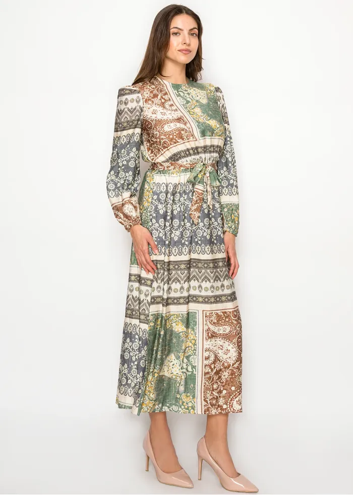 Patchwork Tie Waist Long Sleeve Dress