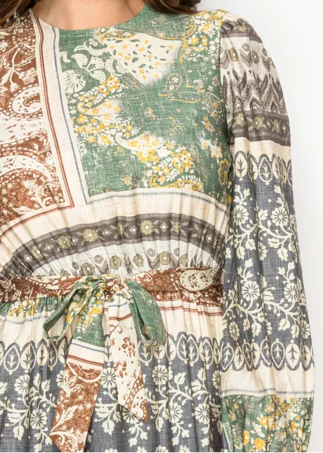 Patchwork Tie Waist Long Sleeve Dress