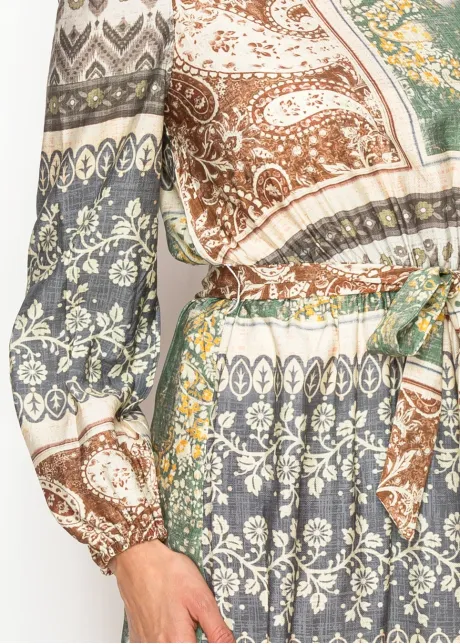 Patchwork Tie Waist Long Sleeve Dress