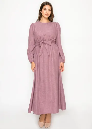 Mauve Belted Dress with Puff Sleeves