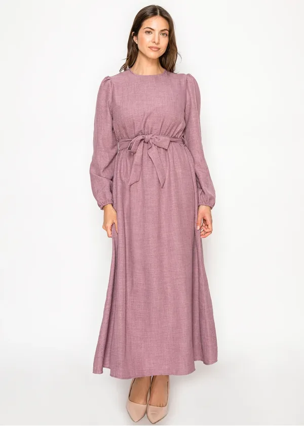 Mauve Belted Dress with Puff Sleeves