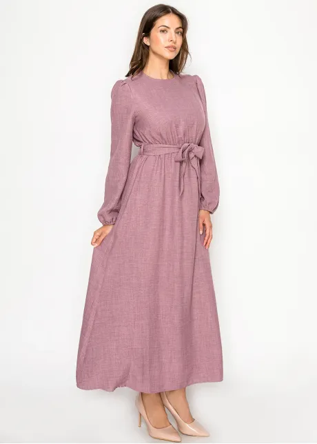 Mauve Belted Dress with Puff Sleeves