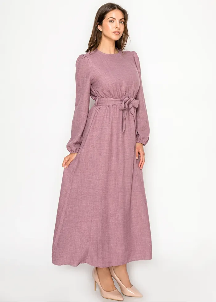 Mauve Belted Dress with Puff Sleeves