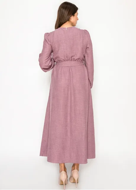 Mauve Belted Dress with Puff Sleeves