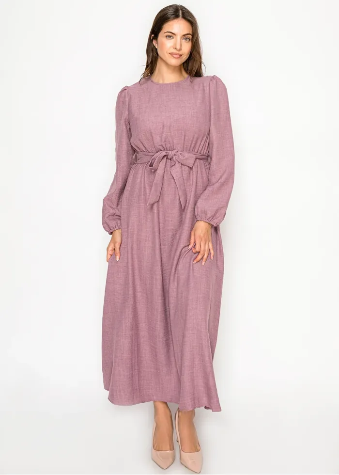 Mauve Belted Dress with Puff Sleeves