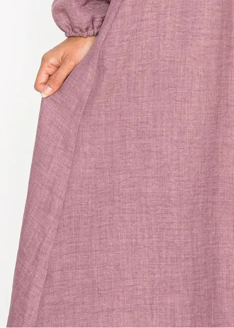 Mauve Belted Dress with Puff Sleeves