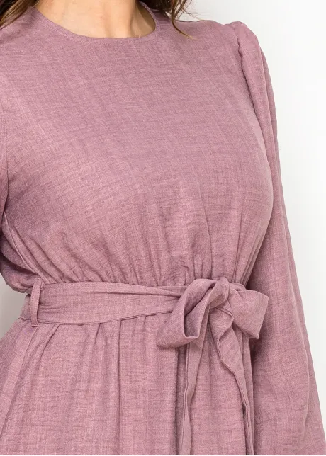 Mauve Belted Dress with Puff Sleeves