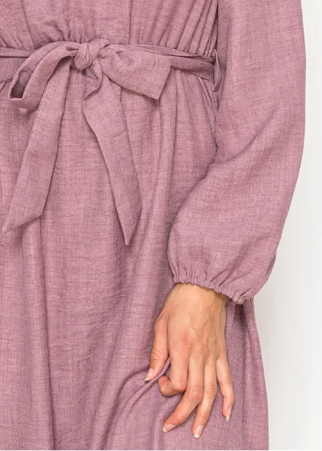 Mauve Belted Dress with Puff Sleeves