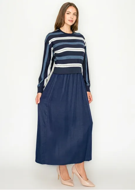 Mixed-Texture Maxi Dress — Navy Stripe
