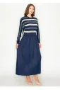 Mixed-Texture Maxi Dress — Navy Stripe