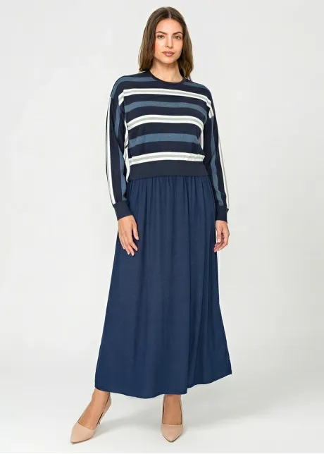 Mixed-Texture Maxi Dress — Navy Stripe