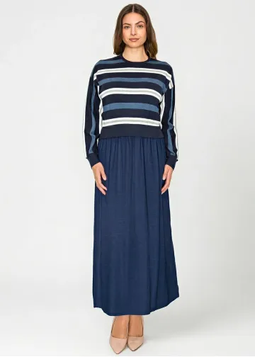 Mixed-Texture Maxi Dress — Navy Stripe