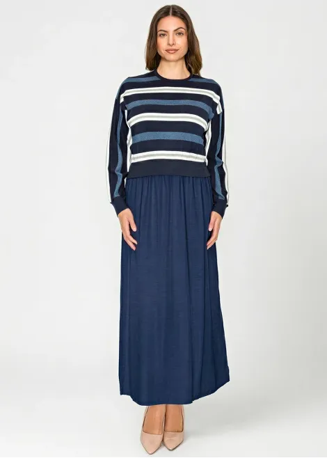 Mixed-Texture Maxi Dress — Navy Stripe