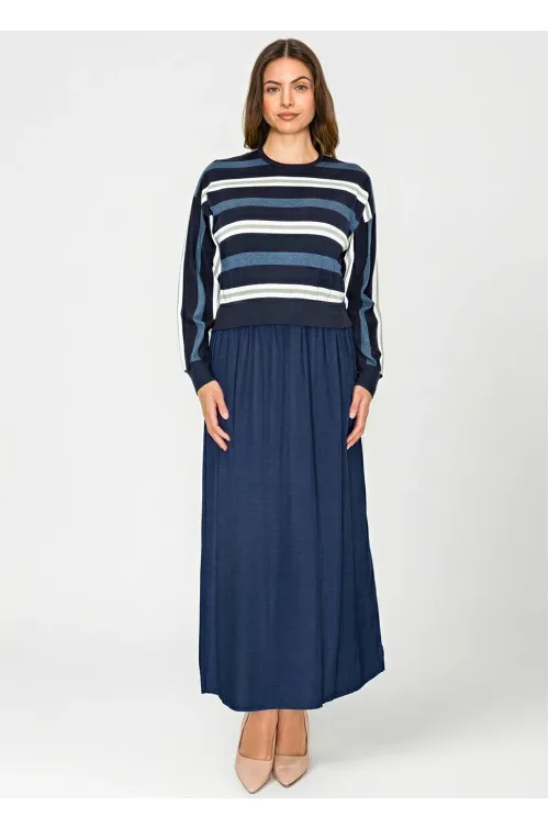 Mixed-Texture Maxi Dress — Navy Stripe
