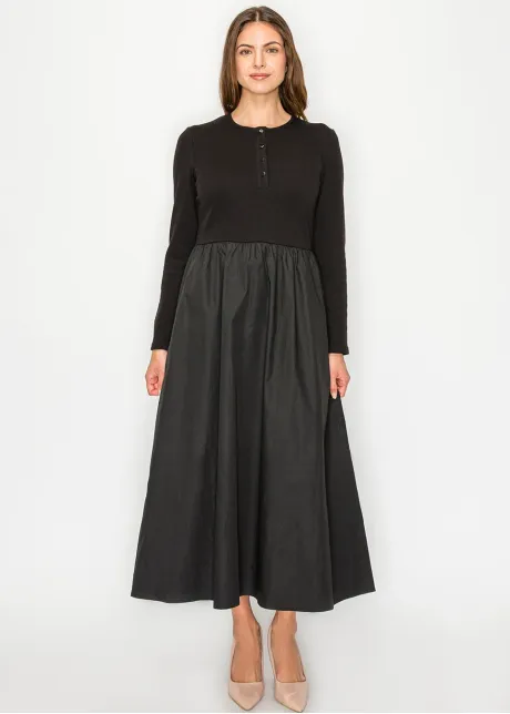 Black Cotton Blend Henley Dress