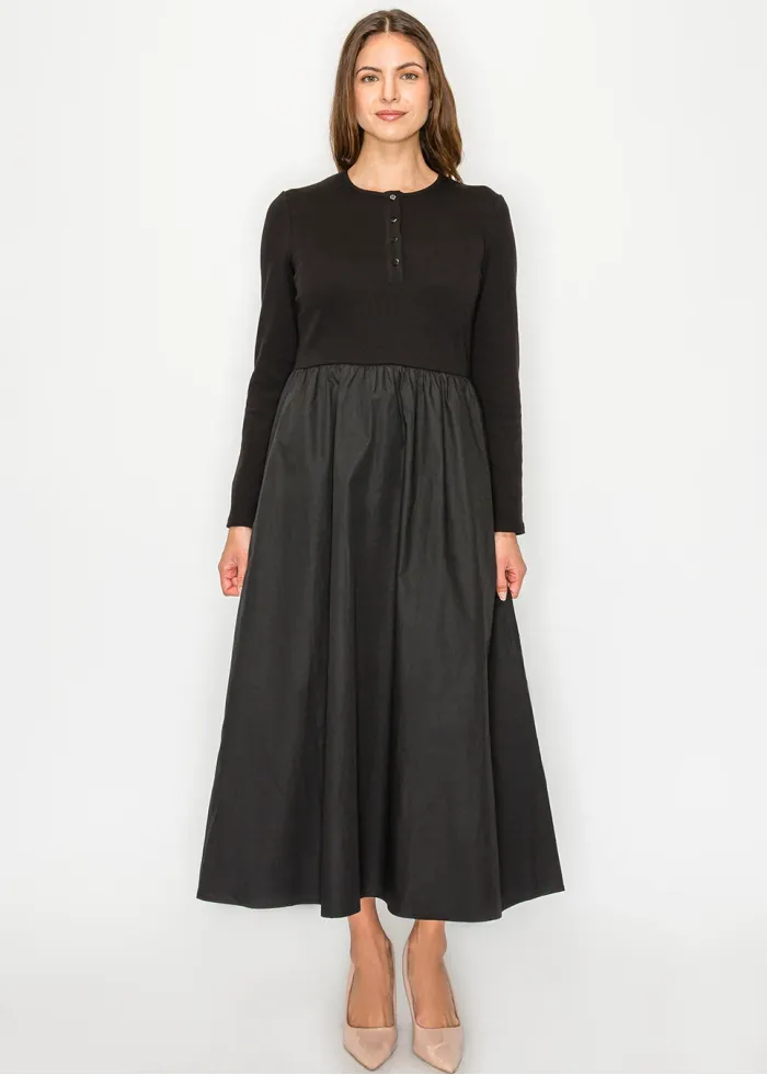 Black Cotton Blend Henley Dress