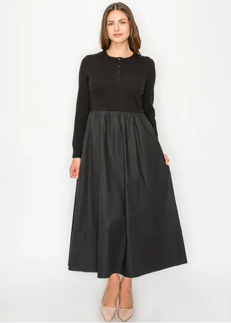 Black Cotton Blend Henley Dress