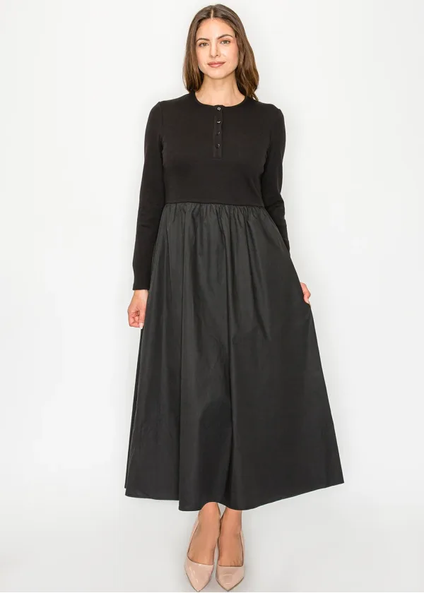 Black Cotton Blend Henley Dress