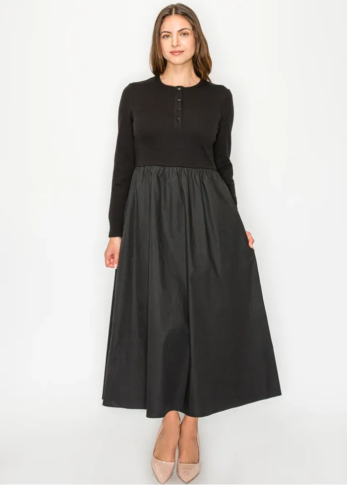 Black Cotton Blend Henley Dress