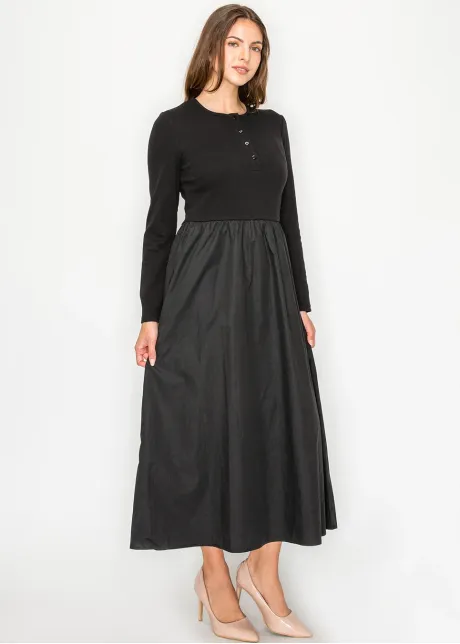 Black Cotton Blend Henley Dress