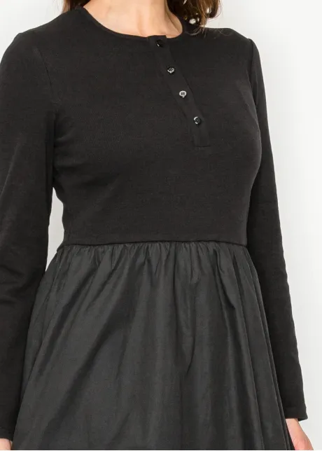 Black Cotton Blend Henley Dress