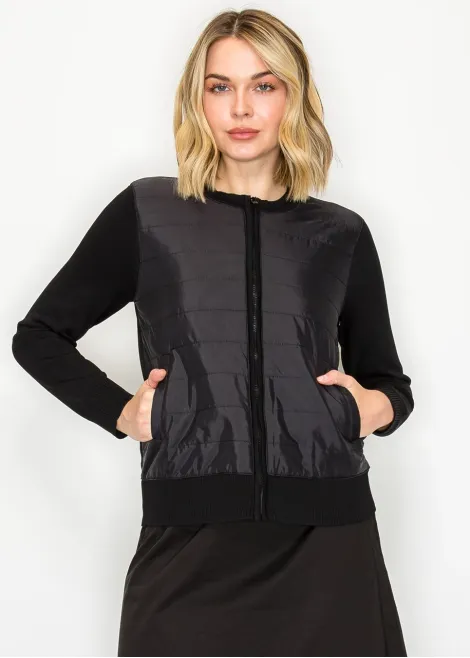 Black Quilted Front Zip Knit Cardigan