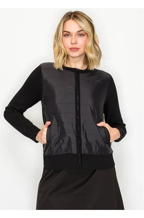 Black Quilted Front Zip Knit Cardigan