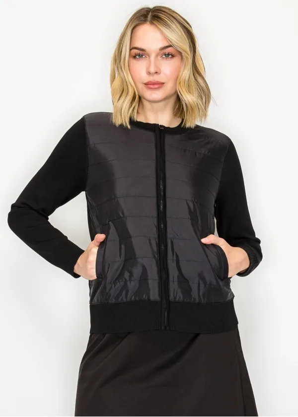 Black Quilted Front Zip Knit Cardigan