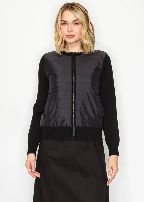 Black Quilted Front Zip Knit Cardigan