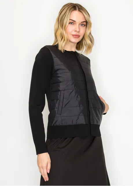 Black Quilted Front Zip Knit Cardigan