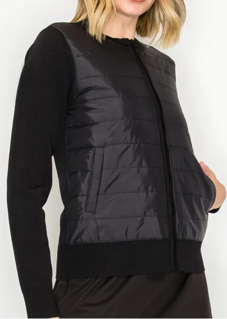 Black Quilted Front Zip Knit Cardigan