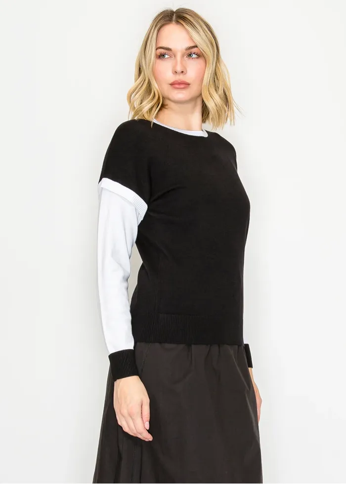 Everyday layered knit sweater in black and white