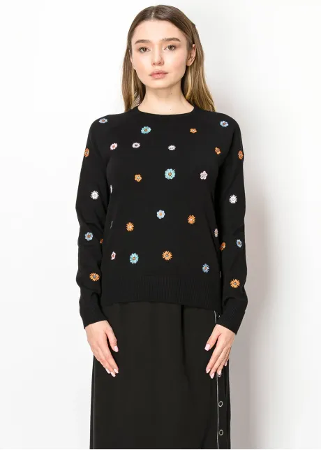 Black Knit Sweater with Colorful Daisies