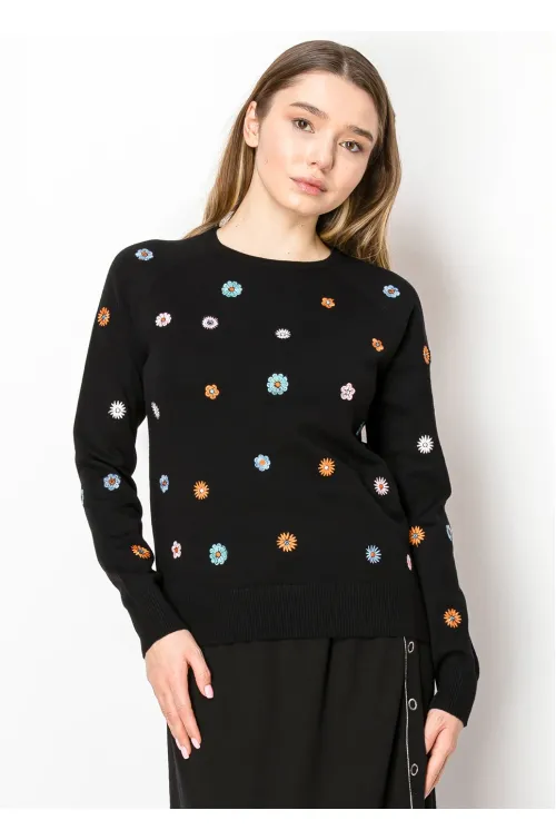 Black Knit Sweater with Colorful Daisies