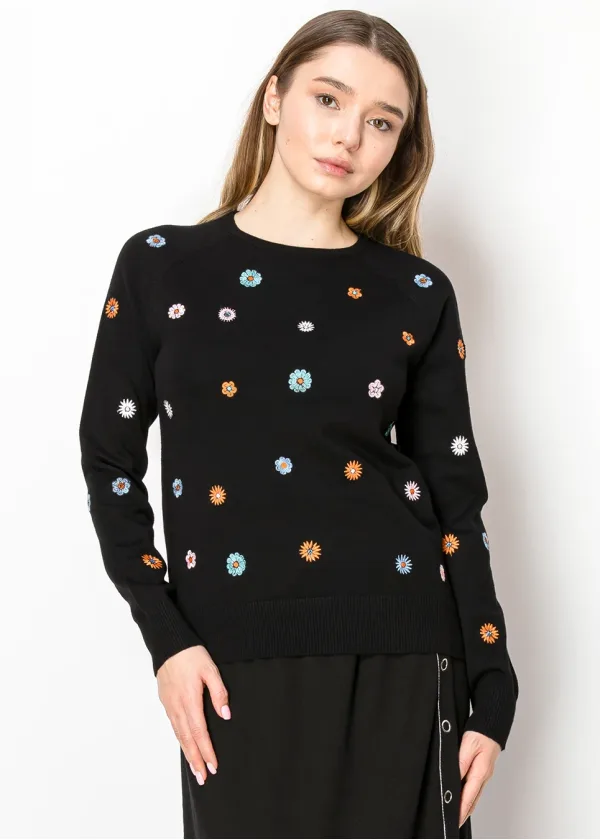 Black Knit Sweater with Colorful Daisies
