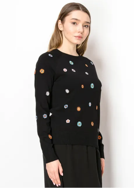 Black Knit Sweater with Colorful Daisies