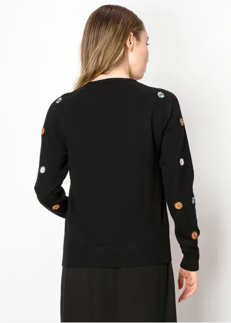 Black Knit Sweater with Colorful Daisies
