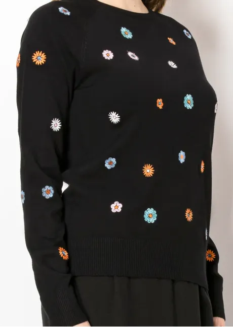 Black Knit Sweater with Colorful Daisies