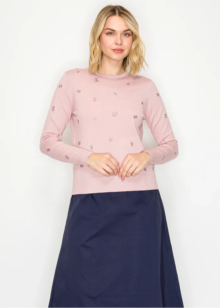 Floral embroidered knit sweater in soft pink