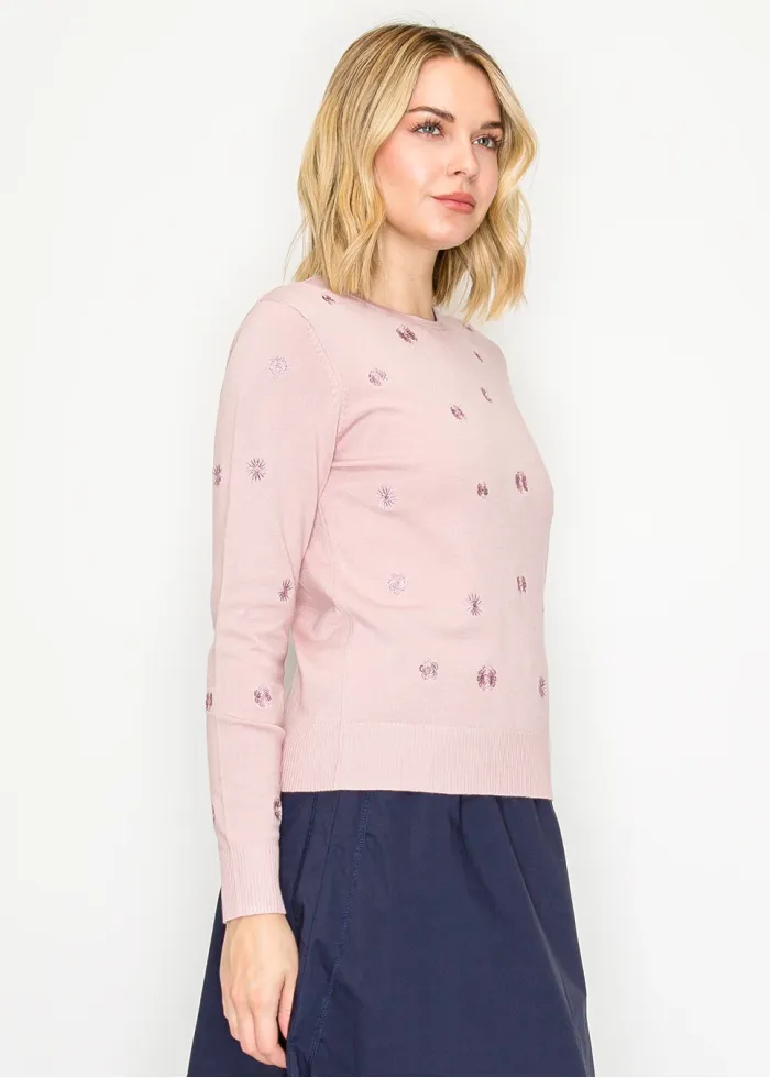 Floral embroidered knit sweater in soft pink