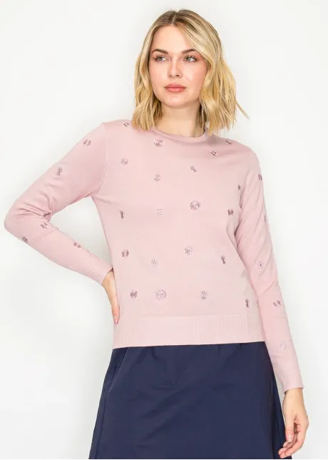 Floral embroidered knit sweater in soft pink